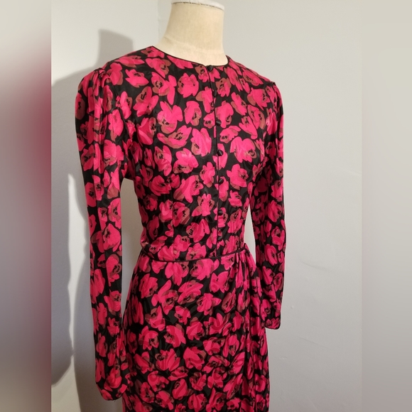 MAGGY LONDON BY JEANNENE BOOHER VINTAGE SILK RED BLACK FLORAL FAUX WRAP DRESS 12 - Picture 3 of 10